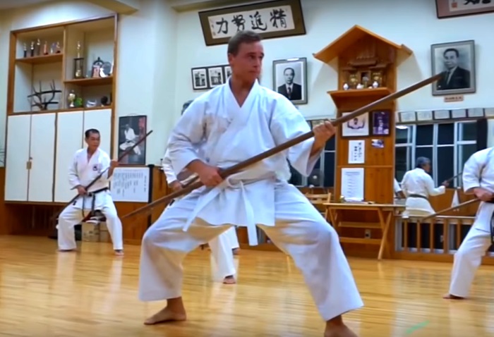 Jeese Enkamp training in Okinawan dojo